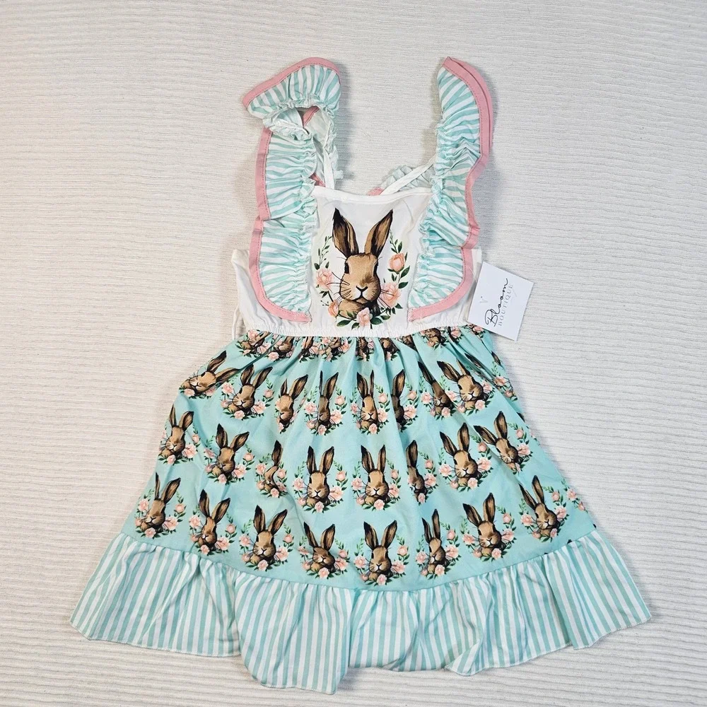 Bloom Boutique Girls Bunny Floral Stripe Ruffle‎ Halter Dress Mint Blue Pink NEW